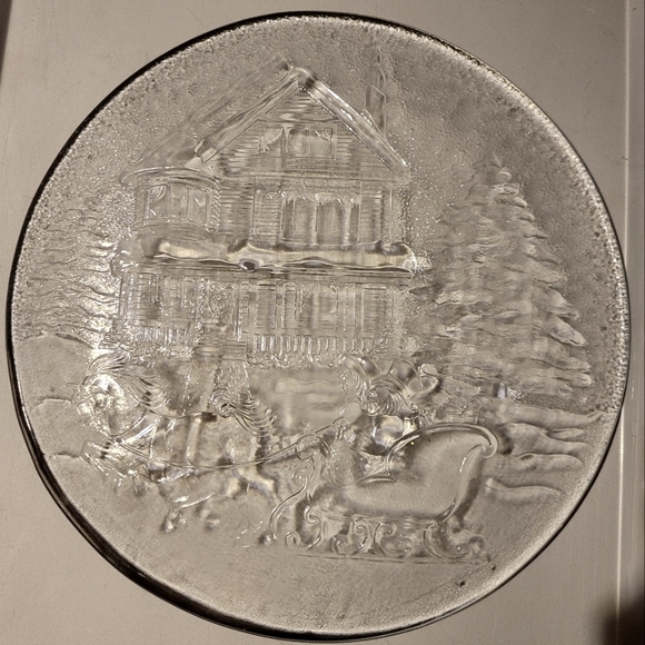Vtg Libbey Christmas Winter Sleigh Ride Serving Platter Plate Clear Glass - Picture 3 of 3